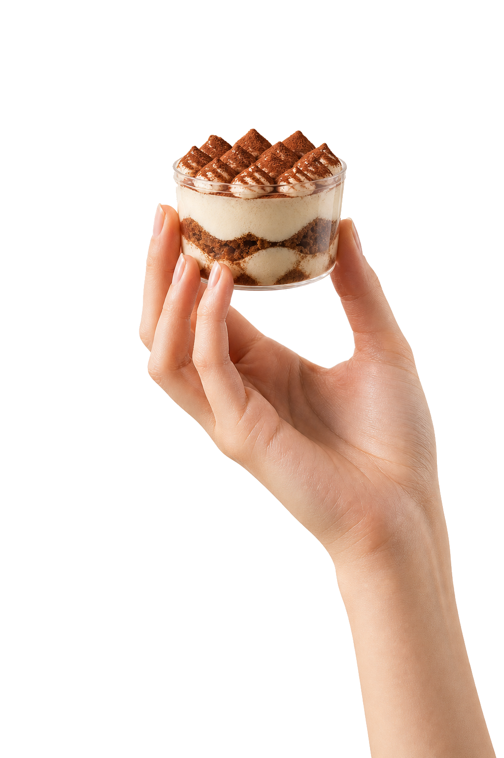 Hand holding a MEESOO tiramisu cup